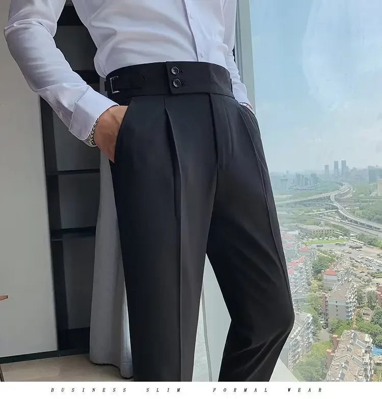 Neapolitan Men's Slim Fit Straight Leg Business Casual Trousers High Waist Pure Color Autumn Spring Long Pants