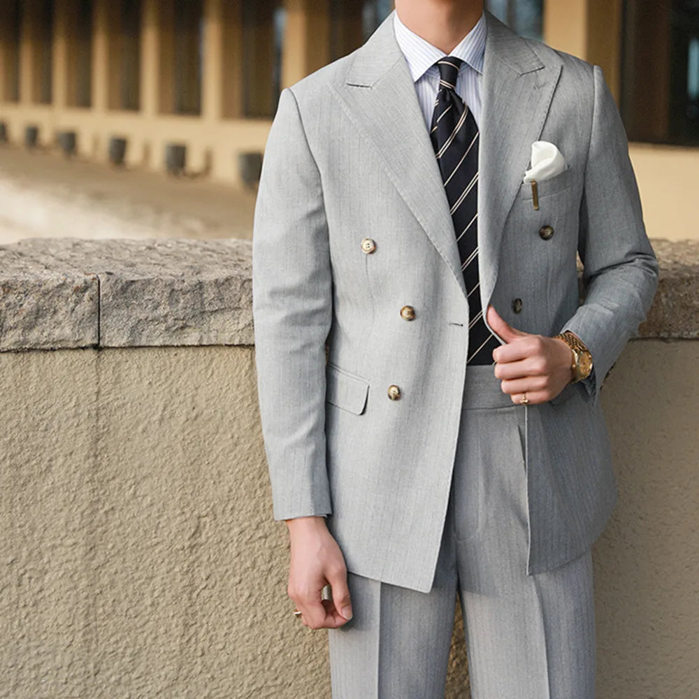 Stripe Suit Men Versatile Fashion Gentleman's Double Breasted Italian Lapel Coat Formal Wedding Groom Business Men Tuxedo Suit