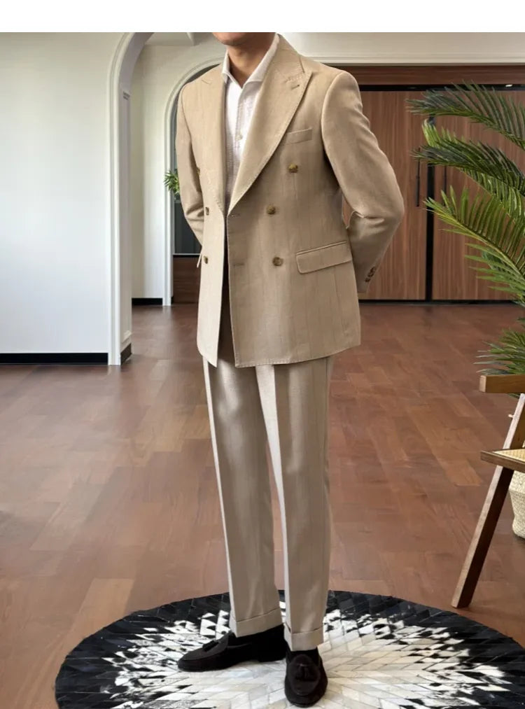Men Suit Designers Slim Fit Business Casual Striped Double Breasted Suit Set Trend Traje Novio 2025 Men Tuxedo Suit Grooms Suit