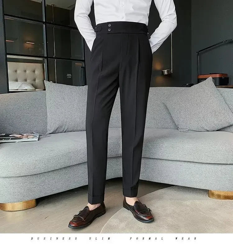 Neapolitan Men's Slim Fit Straight Leg Business Casual Trousers High Waist Pure Color Autumn Spring Long Pants