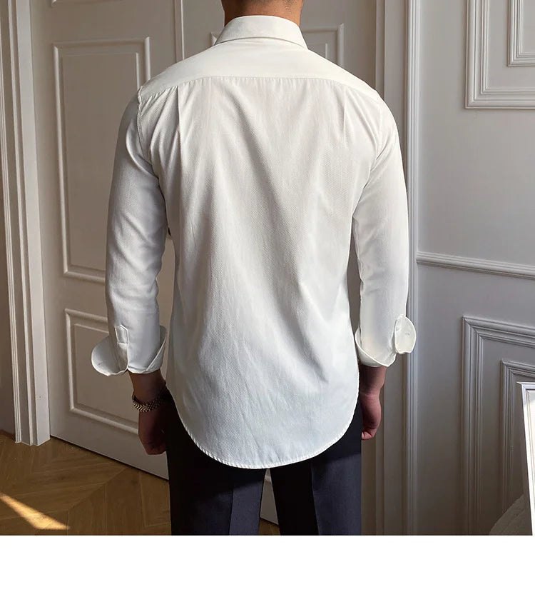 Spring Leisure British Business Shirt Design British Men Cuba Collar Slim Solid White Shirt Camisa Social Masculina Men Shirt