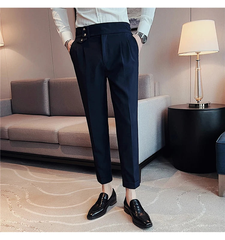 British Style Spring New Solid Business Casual Suit Pants High Waist Button Men Formal Pants High Quality Slim Office Trousers