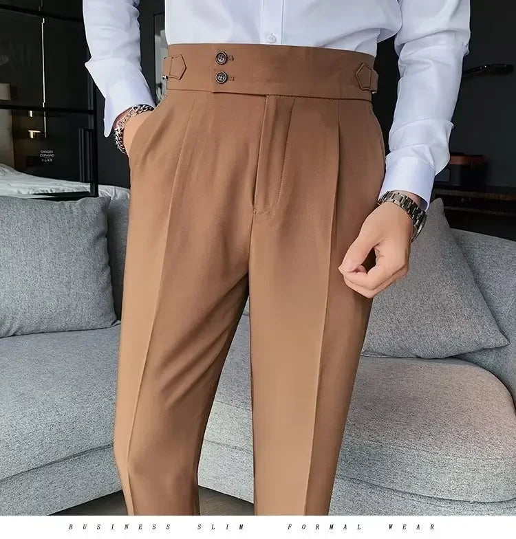 Neapolitan Men's Slim Fit Straight Leg Business Casual Trousers High Waist Pure Color Autumn Spring Long Pants