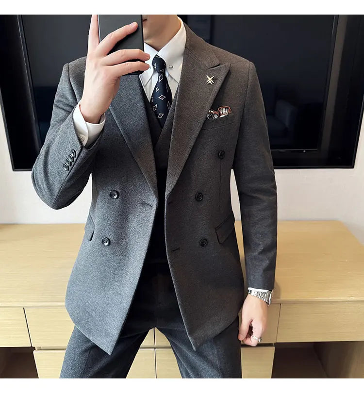 (Jacket+Vest+Pant) Autumn Winter Thickened Woolen Suit  New High Quality Slim Business Tuxedo Fashion Wedding Social Suits
