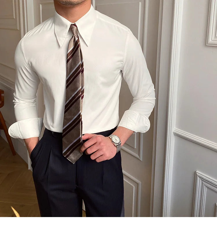 Spring Leisure British Business Shirt Design British Men Cuba Collar Slim Solid White Shirt Camisa Social Masculina Men Shirt
