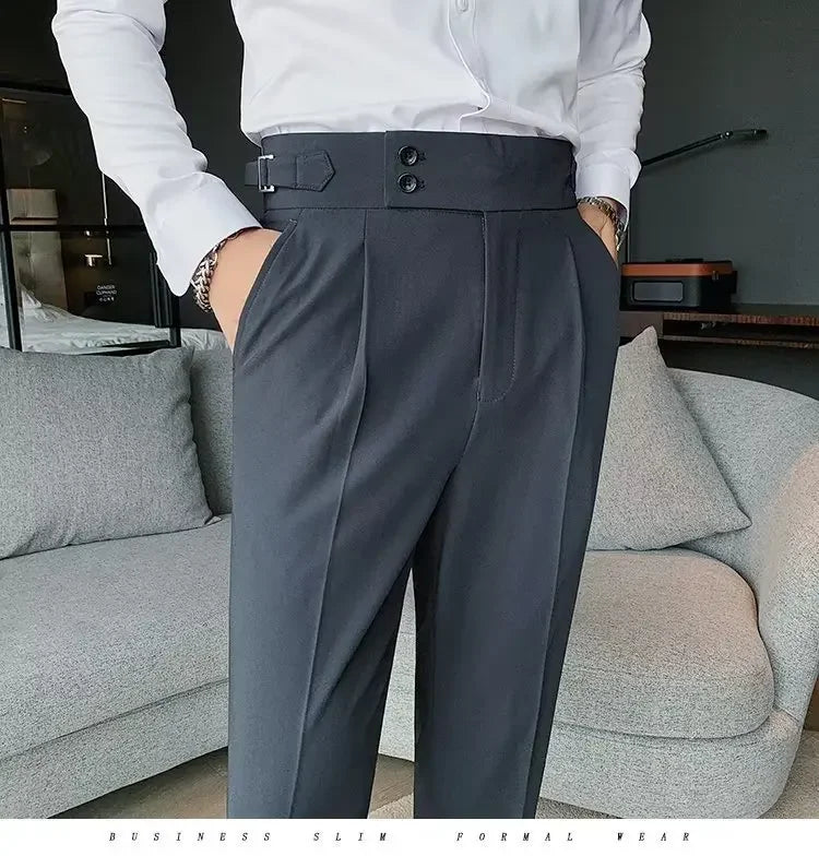 Neapolitan Men's Slim Fit Straight Leg Business Casual Trousers High Waist Pure Color Autumn Spring Long Pants
