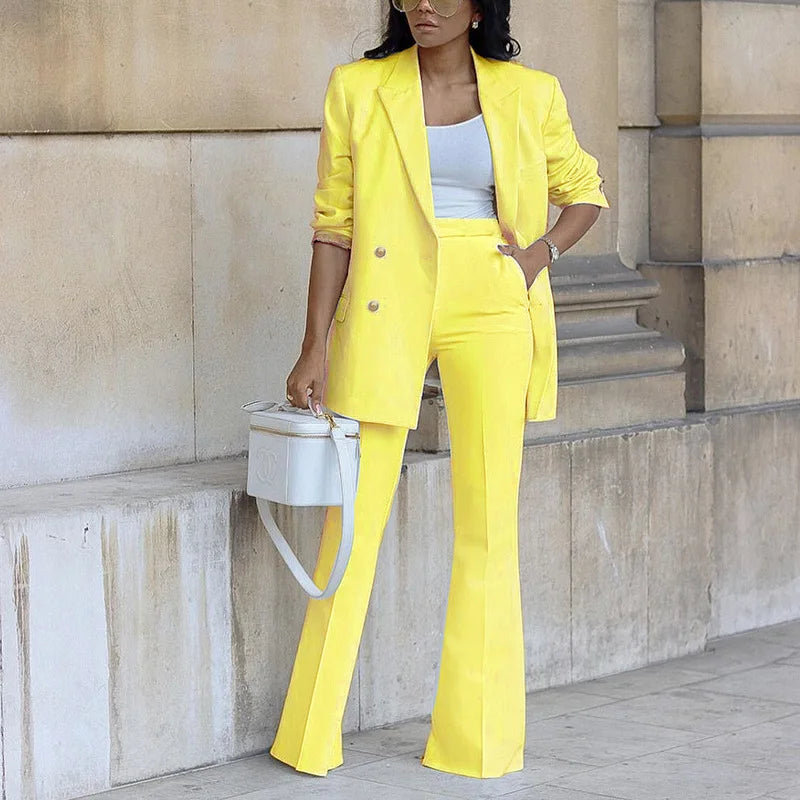 BAMBOOBOY Elegant Women Double Breasted Long Sleeve Blazers with Pocket and Flare Pants Suit Matching Two 2 Piece Set Outfits