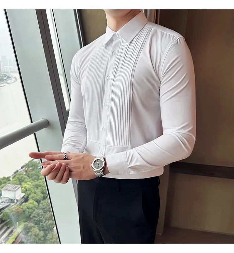 Groom Wedding Party Dress Shirt Men's Fashion Pleated Design Slim Fit Shirt Men Formal Long Sleeved Social Business Tailcoat