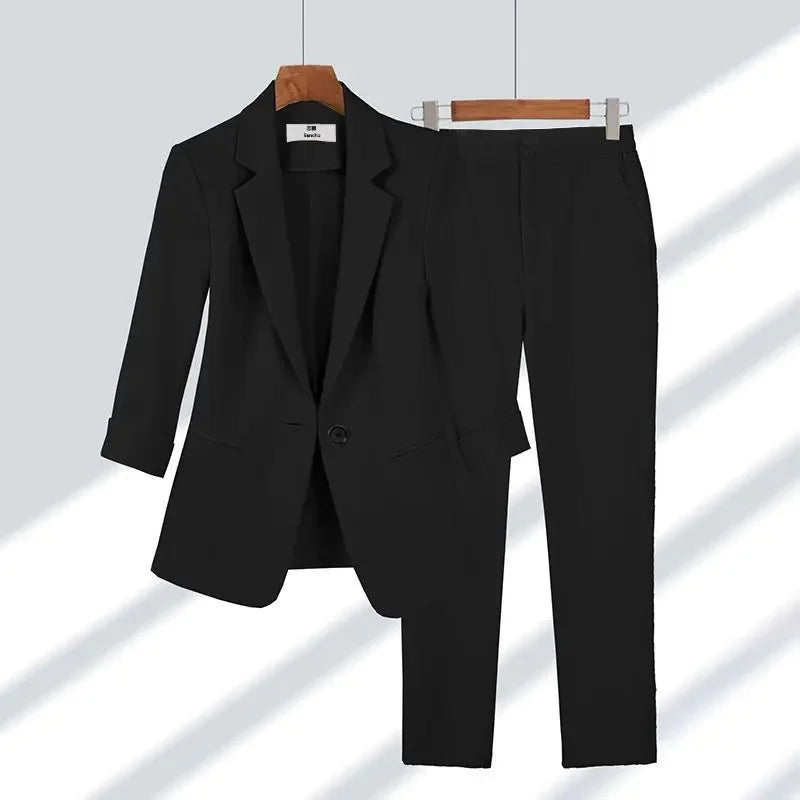 Women 2024 Summer New Casual Blazers Jacket Two Piece Suit Korean Elegant Slim Suit Pants Matching Set Female Professional Wear