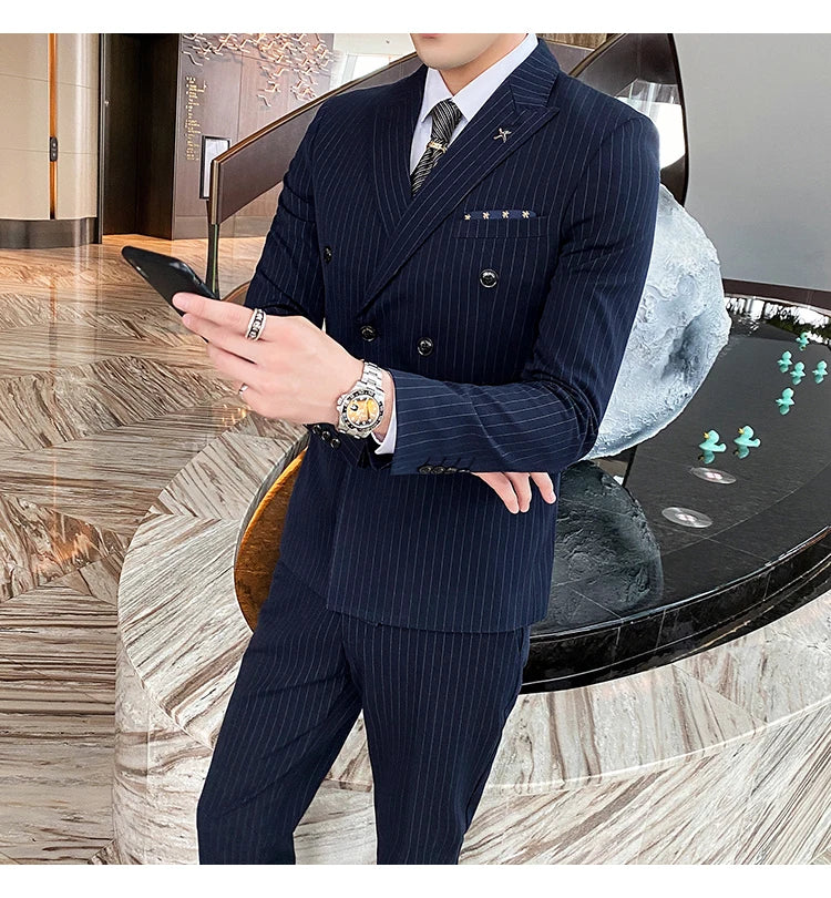 Formal Stripe Men Suits Double Breasted Wedding Groom Stage Tuxedo Man Business Slim Social Formal Suit Dress  2 Pcs / 3pcs