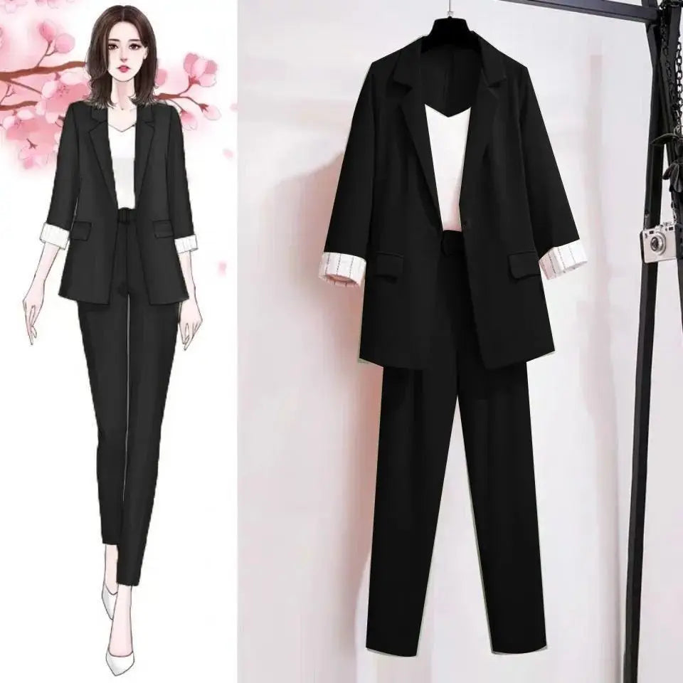 Women's Spring Summer Thin Blazer Pants 3 Pcs Set Korean Office Lady Work Graceful Suit Coat Trousers Vest Outfits Daily Clothes