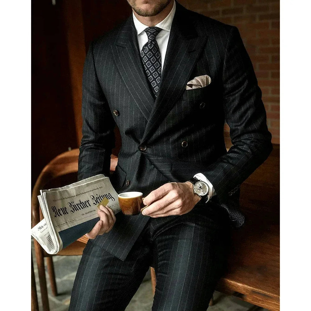 Gentleman Black Striped Men Suits Fashion Peak Lapel Double Breasted Male Blazer with Pants Formal Casual Wedding 2 Piece Set