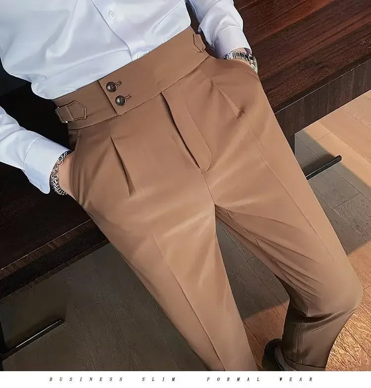 Neapolitan Men's Slim Fit Straight Leg Business Casual Trousers High Waist Pure Color Autumn Spring Long Pants