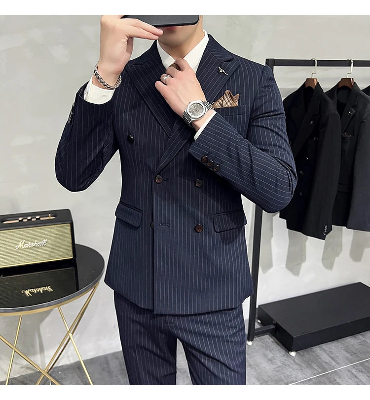 in black Fashion New Men's Boutique Business Slim Wedding Striped Double Breasted Suit Blazers Jacket Pants Trousers Vest 3 Pcs Set