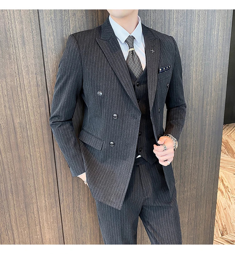 Formal Stripe Men Suits Double Breasted Wedding Groom Stage Tuxedo Man Business Slim Social Formal Suit Dress  2 Pcs / 3pcs