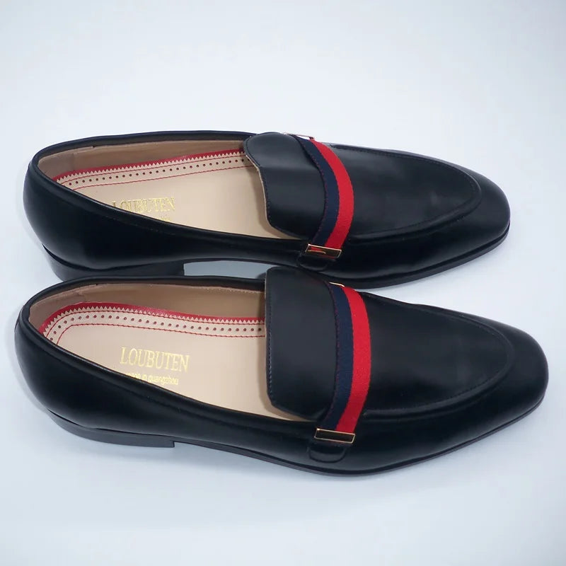 LOUBUTEN Italian Black Genuine Leather Men's Loafers Slip-On Handmade Dress Shoes for Party Wedding Breathable Comfortable Fit