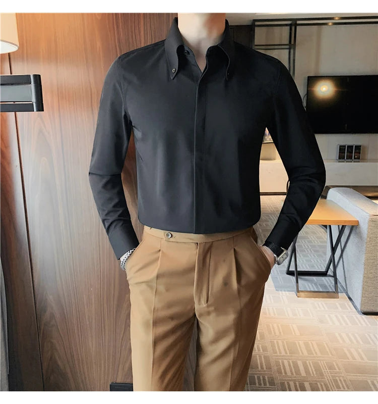 Autumn Solid Concealed Placket Shirts Men Long Sleeve Slim Fit Social Shirt Male High Quality Business Casual Prom Tuxedo