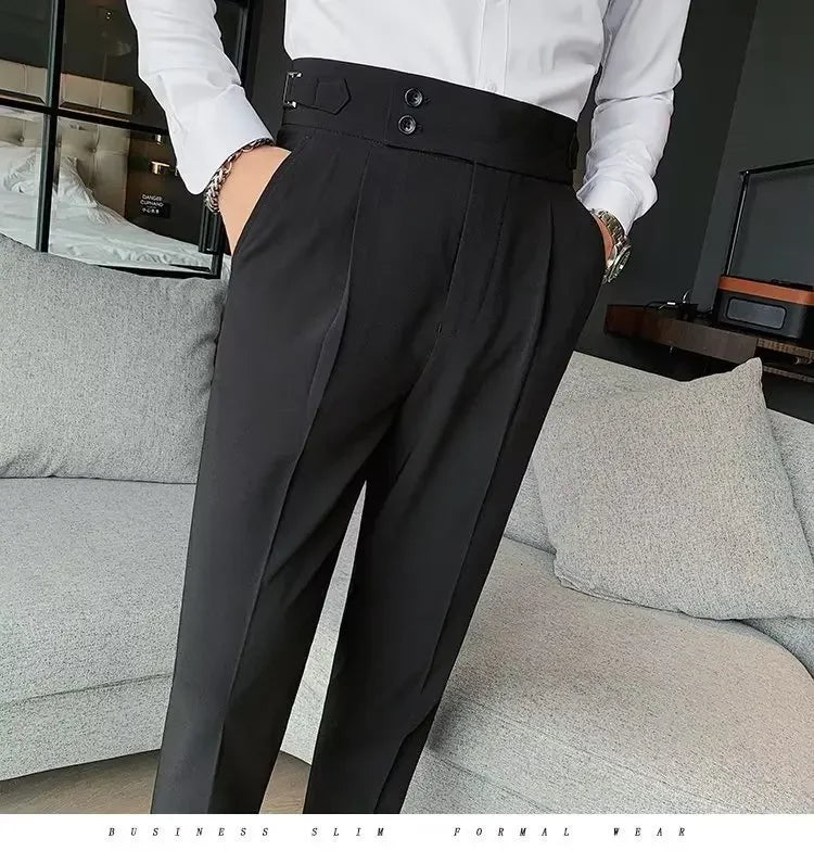 Neapolitan Men's Slim Fit Straight Leg Business Casual Trousers High Waist Pure Color Autumn Spring Long Pants