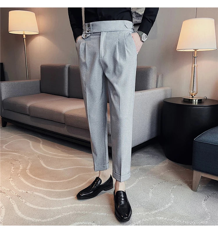 British Style Spring New Solid Business Casual Suit Pants High Waist Button Men Formal Pants High Quality Slim Office Trousers