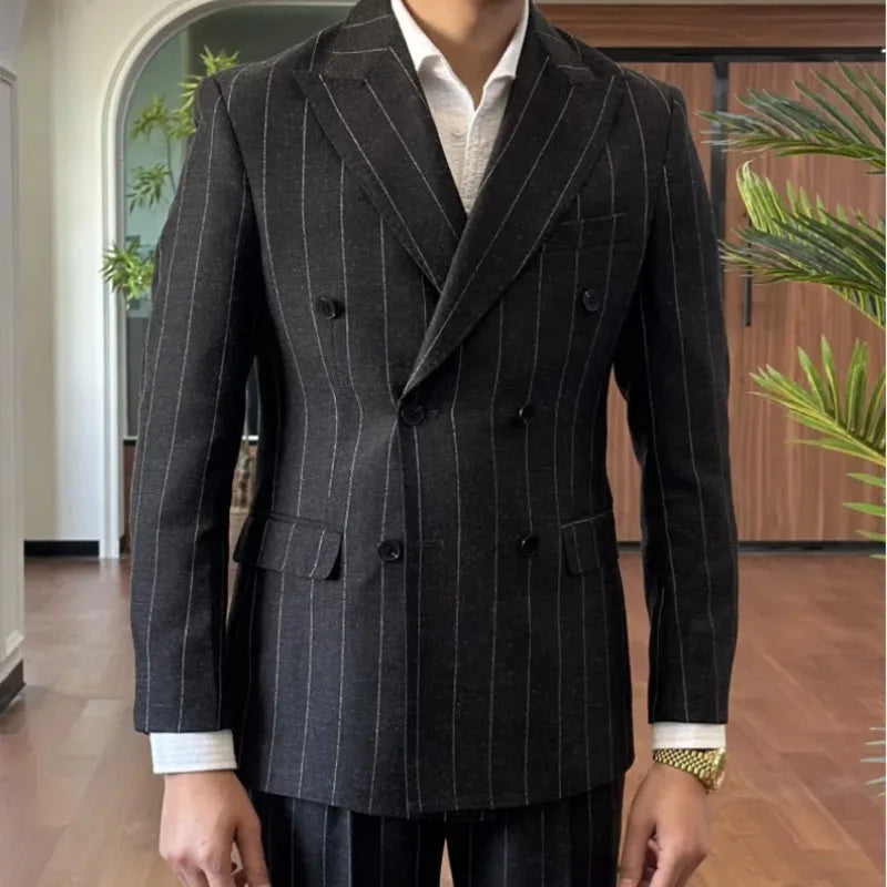 Men Suit Designers Slim Fit Business Casual Striped Double Breasted Suit Set Trend Traje Novio 2025 Men Tuxedo Suit Grooms Suit