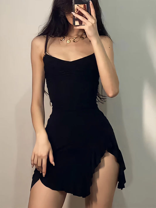Sexy Mini Dress Women Summer New Black Sleeveless  Folds Bodycon Split Dress Streetwear Elegant Party A-LINE Dress