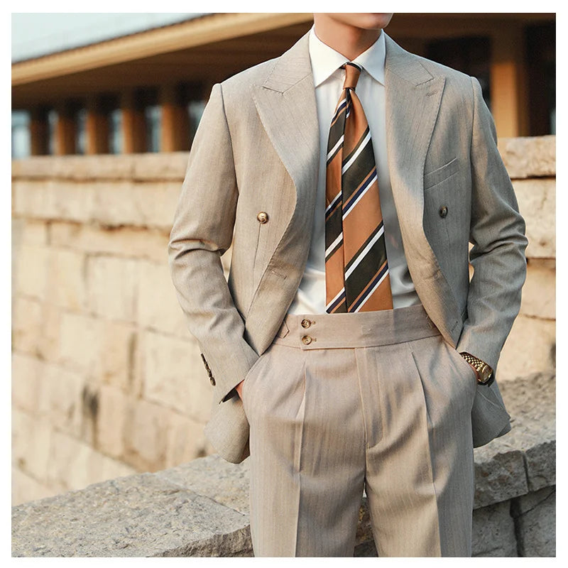 Stripe Suit Men Versatile Fashion Gentleman's Double Breasted Italian Lapel Coat Formal Wedding Groom Business Men Tuxedo Suit