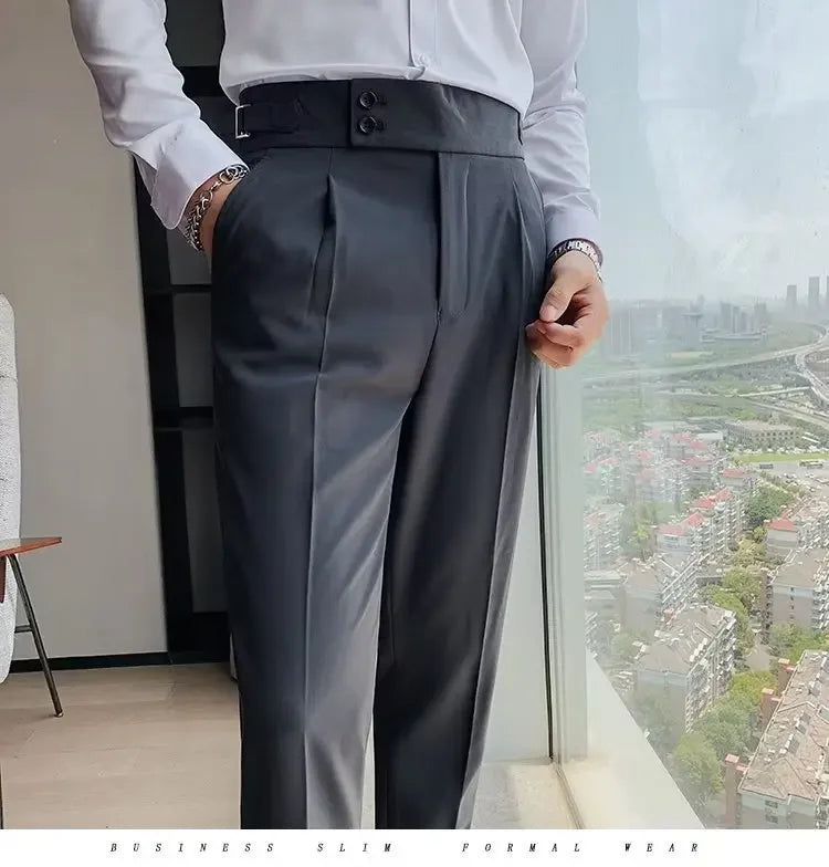 Neapolitan Men's Slim Fit Straight Leg Business Casual Trousers High Waist Pure Color Autumn Spring Long Pants