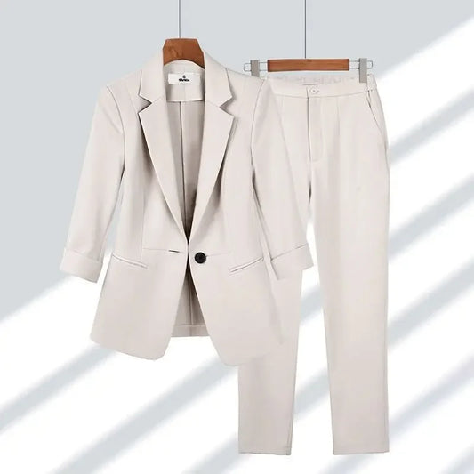 Women 2024 Summer New Casual Blazers Jacket Two Piece Suit Korean Elegant Slim Suit Pants Matching Set Female Professional Wear
