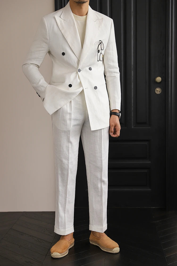 Luxury Linen Double Breasted Italian Suit For Men's Versatile Slim Fit Business Lapel Collar Retro Suit Green Brown 4 Colors