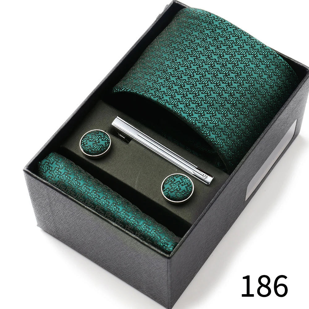 Business Ties Hanky Cufflink Tie Clips Set For Men Green Necktie Corbatas Suit Accessories Wedding In Gift Box Gravatas
