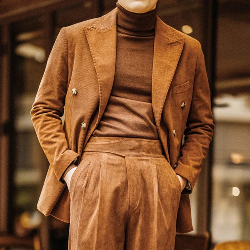 High Quality Corduroy Double Breasted Retro Fall Versatile Jacket Suit 2 Piece Wedding Party Suit Slim Costume Homme Mariage