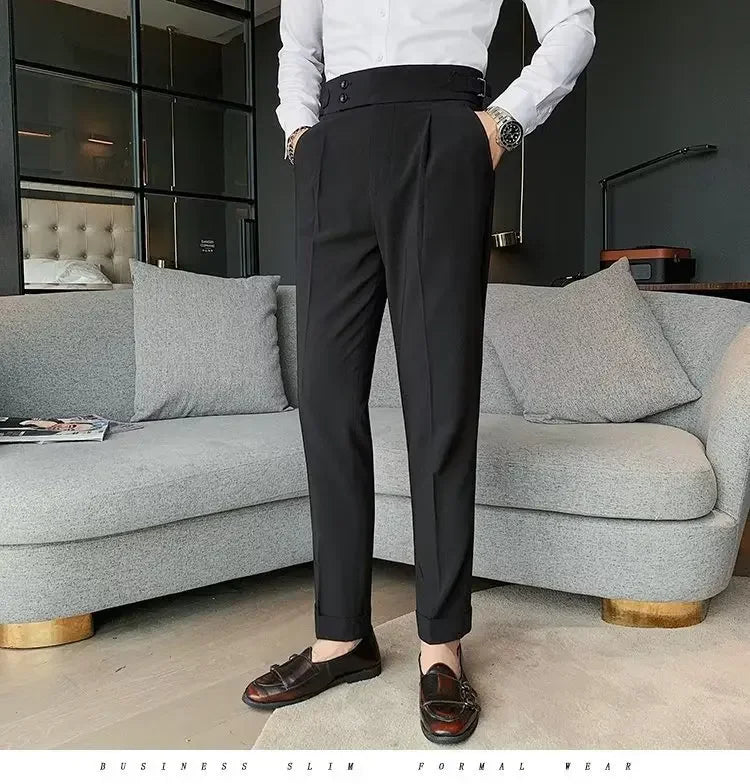 Neapolitan Men's Slim Fit Straight Leg Business Casual Trousers High Waist Pure Color Autumn Spring Long Pants