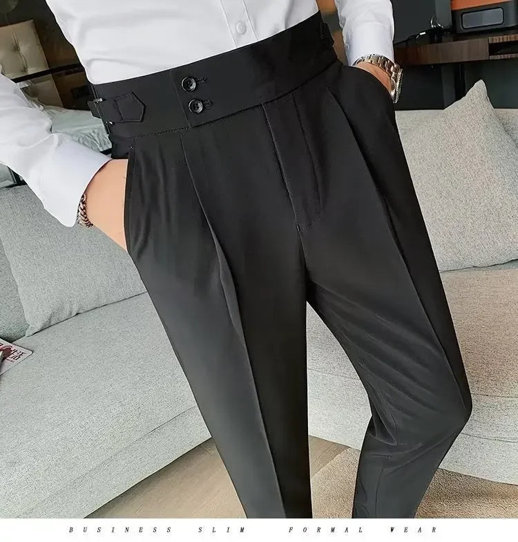 Neapolitan Men's Slim Fit Straight Leg Business Casual Trousers High Waist Pure Color Autumn Spring Long Pants