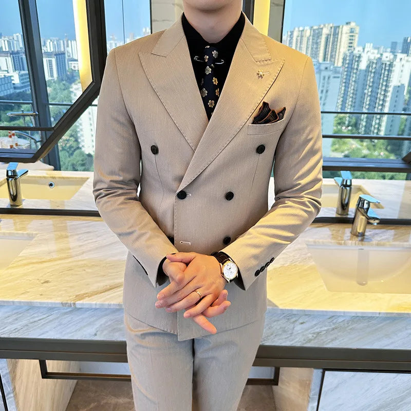 (Jacket + Trousers) Fashion Double Breasted Design Slim Men's Suit Italian Style Luxury Wedding Social Party Tuxedo 2 Piece Sets