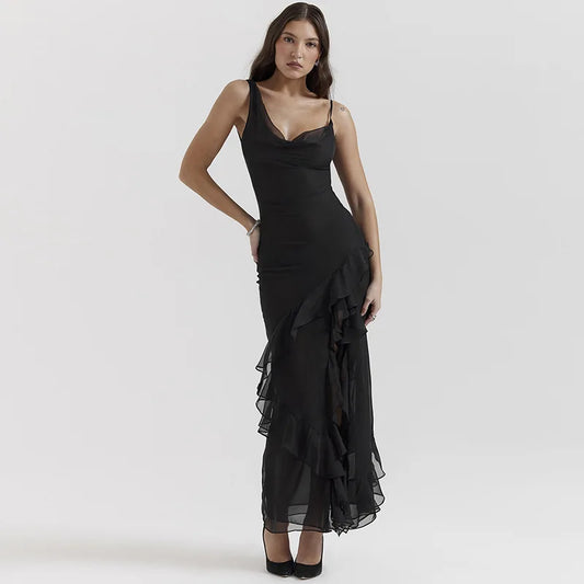 Gtpdpllt Sexy Low-cut Sleeveless Ruffle Split Long Dresses For Women 2024 Elegant Black Evening Dress Night Out Party Wears