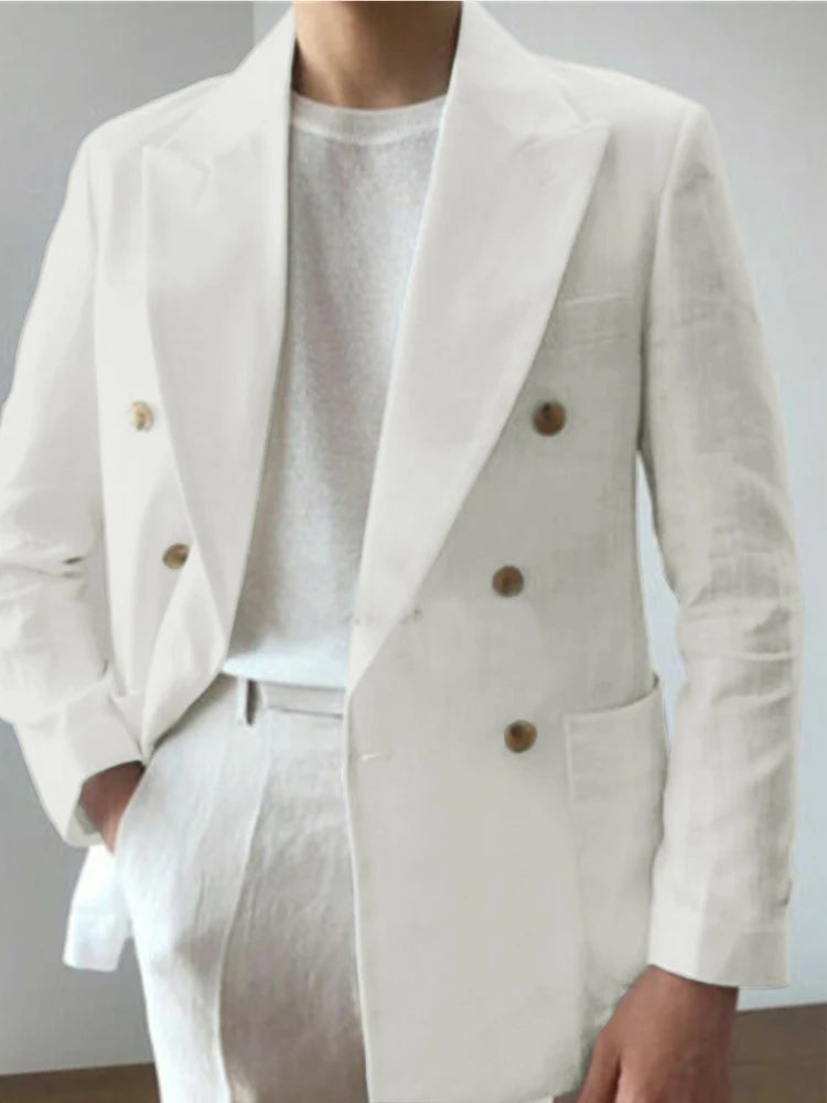 Men Double Breasted Lapel Linen Fabric Casual Suit Fashion Trendy Best Men Wedding Blazer 남성자켓 봄