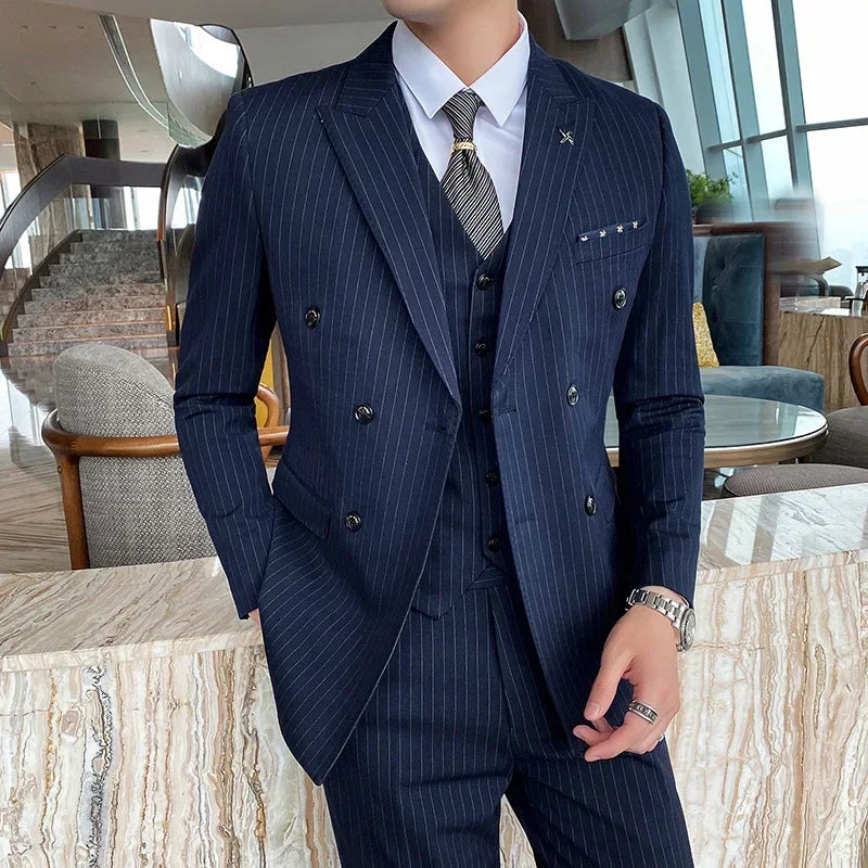 Formal Stripe Men Suits Double Breasted Wedding Groom Stage Tuxedo Man Business Slim Social Formal Suit Dress  2 Pcs / 3pcs