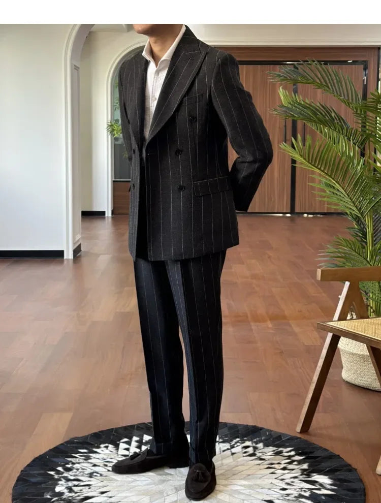 Men Suit Designers Slim Fit Business Casual Striped Double Breasted Suit Set Trend Traje Novio 2025 Men Tuxedo Suit Grooms Suit