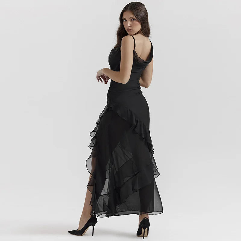Gtpdpllt Sexy Low-cut Sleeveless Ruffle Split Long Dresses For Women 2024 Elegant Black Evening Dress Night Out Party Wears