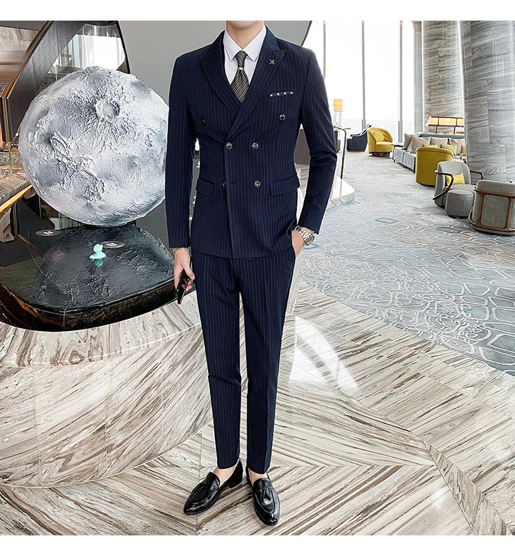 Formal Stripe Men Suits Double Breasted Wedding Groom Stage Tuxedo Man Business Slim Social Formal Suit Dress  2 Pcs / 3pcs