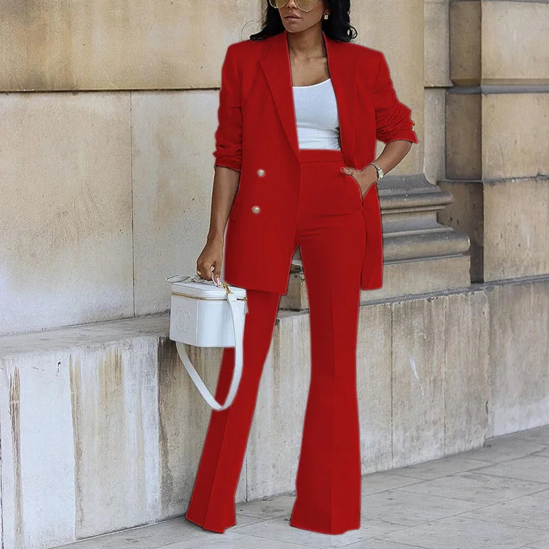 BAMBOOBOY Elegant Women Double Breasted Long Sleeve Blazers with Pocket and Flare Pants Suit Matching Two 2 Piece Set Outfits
