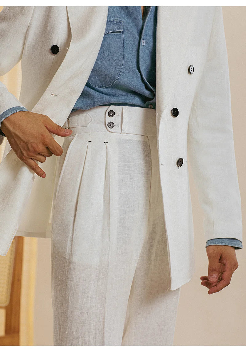 Naples High Waist Suits Retro Casual Pant Office-trouser Men Dress Pant Trouser British High Waist Pants Linen Straight Leg Pant