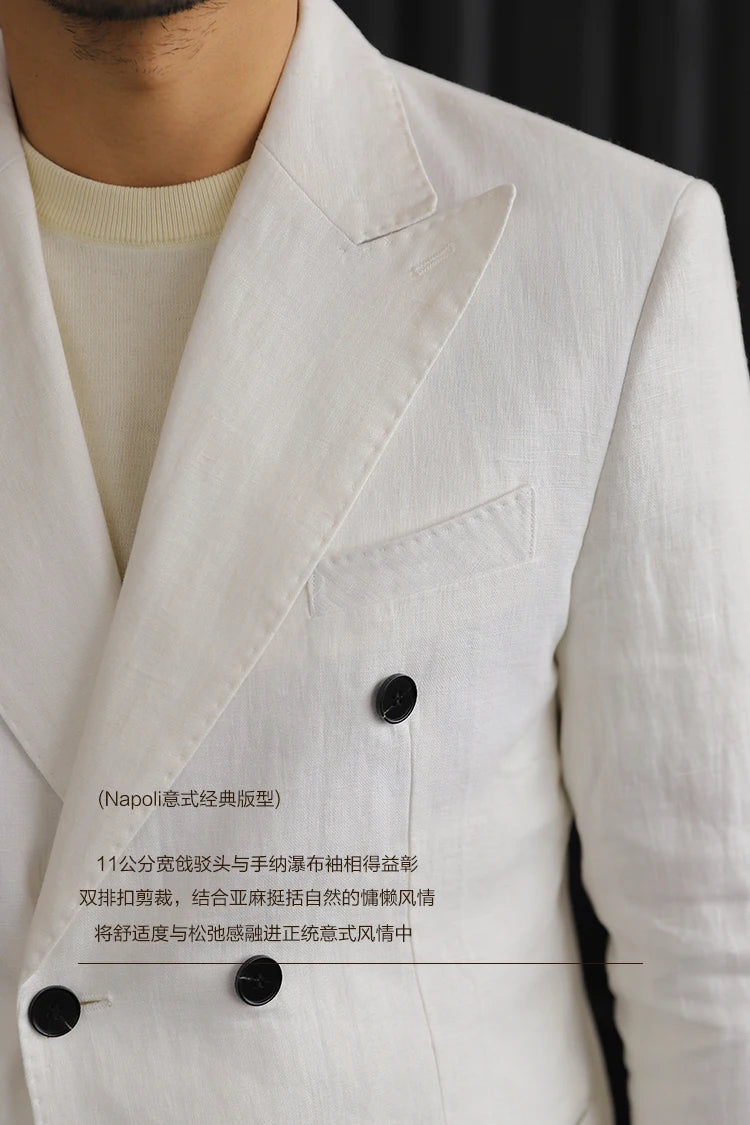 Luxury Linen Double Breasted Italian Suit For Men's Versatile Slim Fit Business Lapel Collar Retro Suit Green Brown 4 Colors