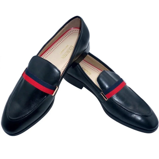 LOUBUTEN Italian Black Genuine Leather Men's Loafers Slip-On Handmade Dress Shoes for Party Wedding Breathable Comfortable Fit