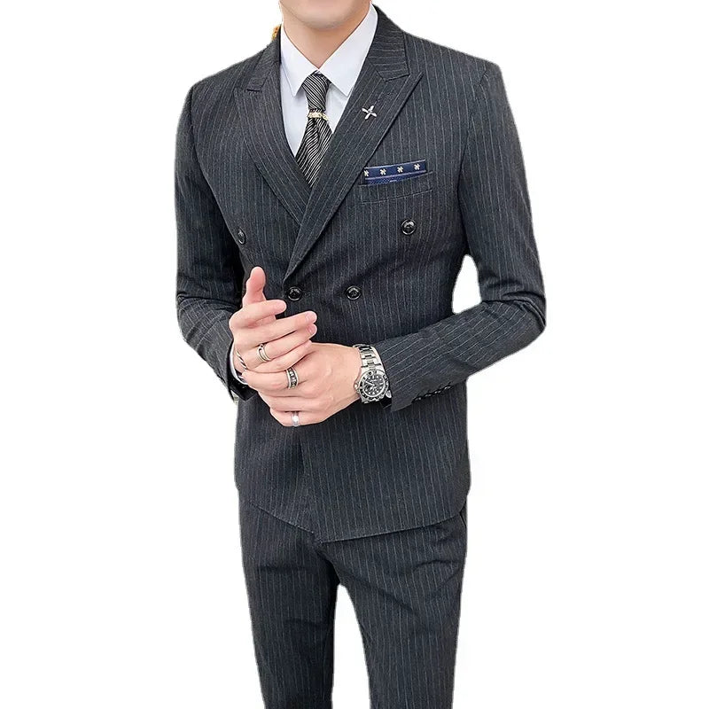 Formal Stripe Men Suits Double Breasted Wedding Groom Stage Tuxedo Man Business Slim Social Formal Suit Dress  2 Pcs / 3pcs