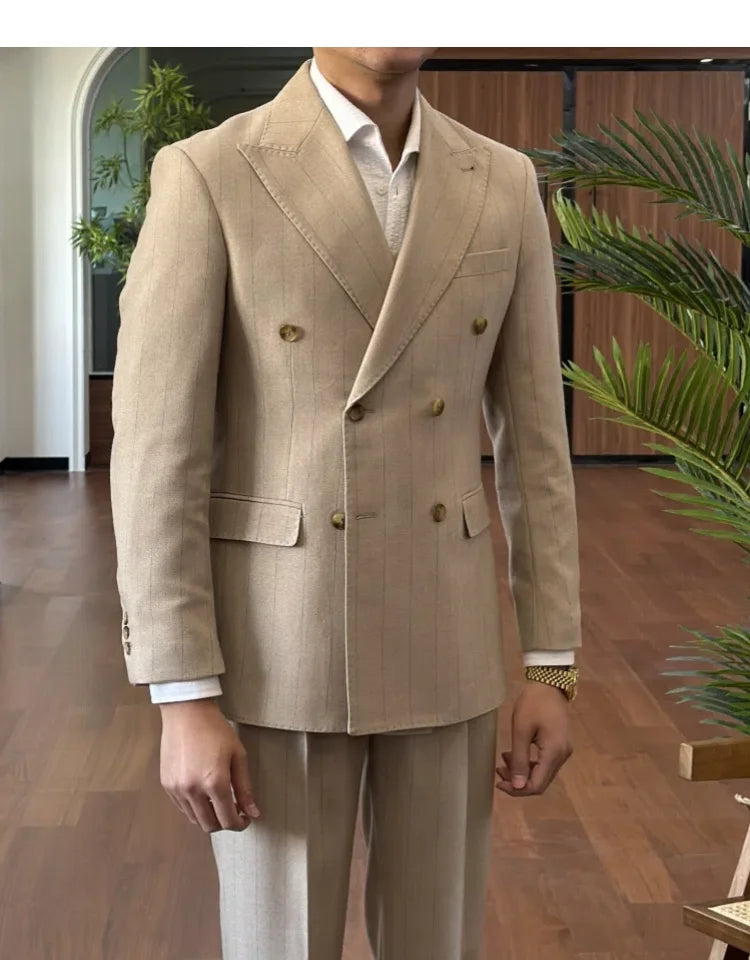 Men Suit Designers Slim Fit Business Casual Striped Double Breasted Suit Set Trend Traje Novio 2025 Men Tuxedo Suit Grooms Suit