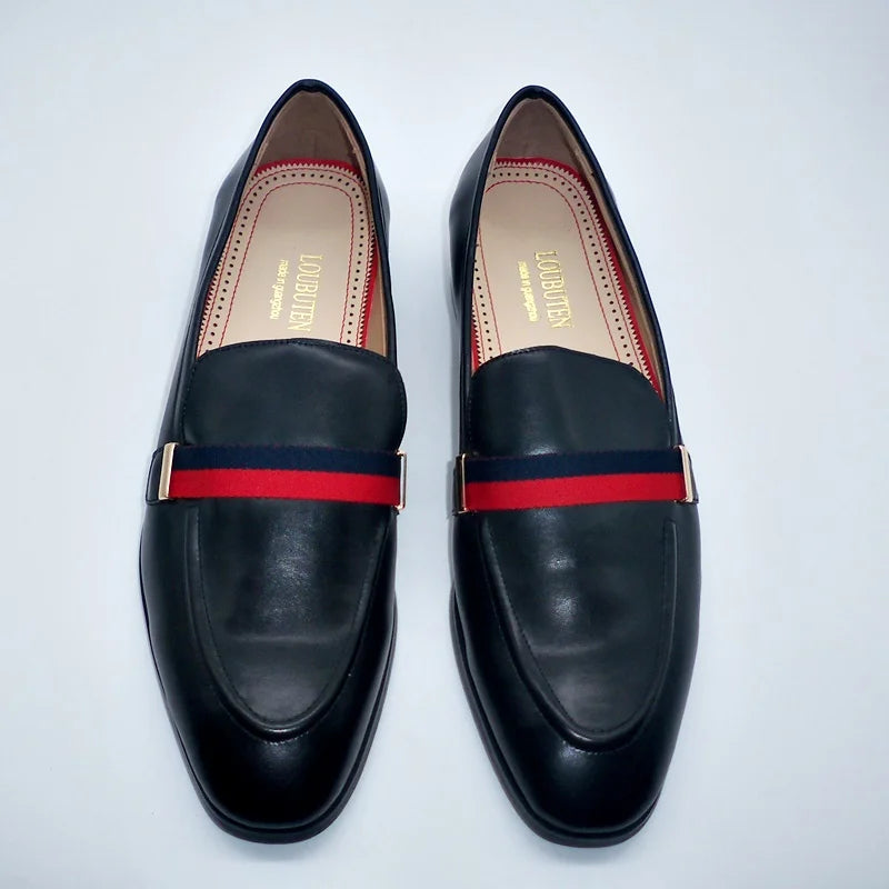 LOUBUTEN Italian Black Genuine Leather Men's Loafers Slip-On Handmade Dress Shoes for Party Wedding Breathable Comfortable Fit