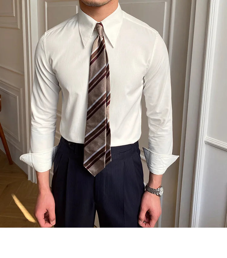 Spring Leisure British Business Shirt Design British Men Cuba Collar Slim Solid White Shirt Camisa Social Masculina Men Shirt