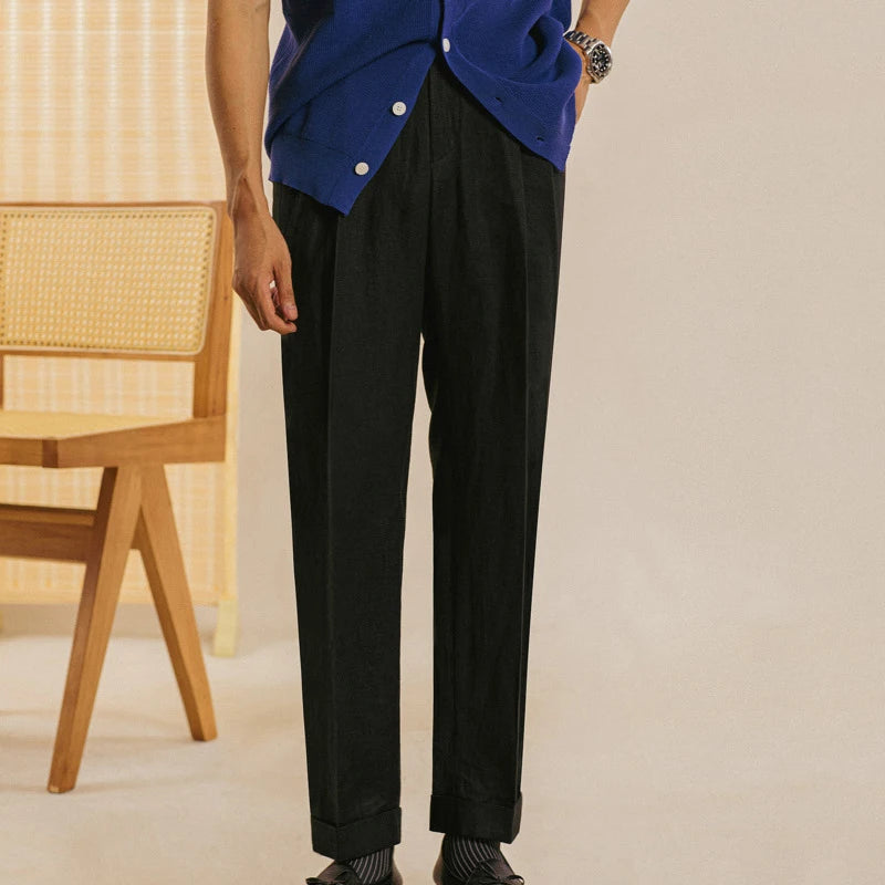Naples High Waist Suits Retro Casual Pant Office-trouser Men Dress Pant Trouser British High Waist Pants Linen Straight Leg Pant