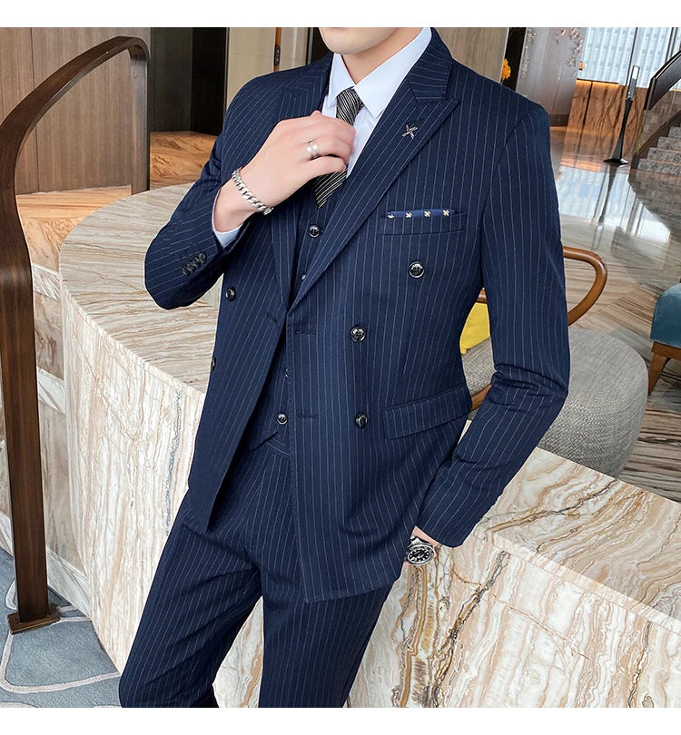 Formal Stripe Men Suits Double Breasted Wedding Groom Stage Tuxedo Man Business Slim Social Formal Suit Dress  2 Pcs / 3pcs